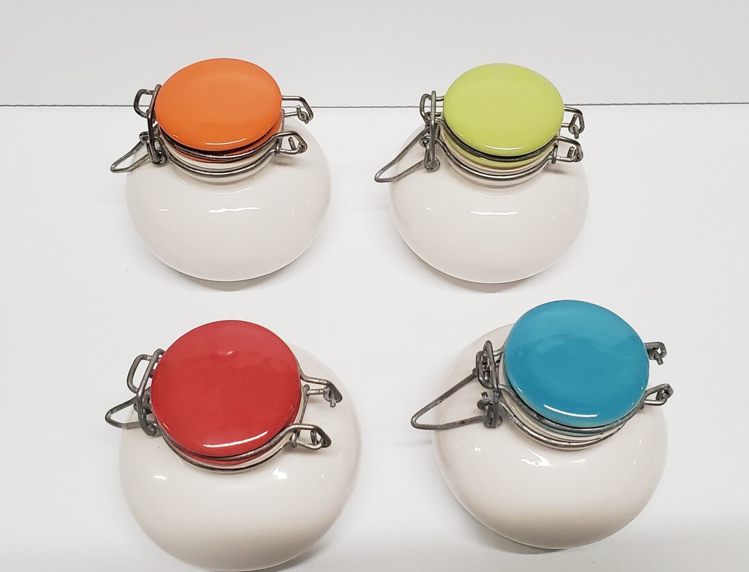 Vintage Ceramic Spice Jars Set of 4 With Colored Ceramic Lids & Wire