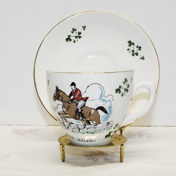 Vintage Carrigaline Pottery Teacup & Saucer Fox Hunting Scene From Ireland Writing in Front