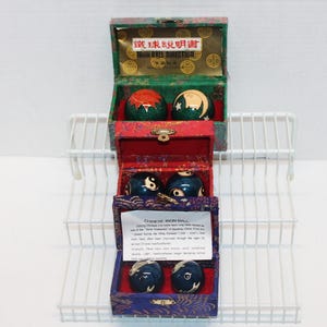 Vintage Chinese Iron Baoding Health Balls Chimed Boxed Stainless Steel, Yin Yang, Dolphins, Sun and Moon