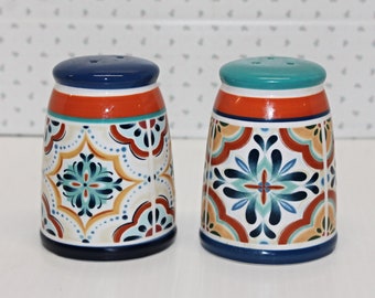 Talavera Style Ceramic Salt & Pepper Shakers In Blues and Oranges by Fresh Decor, Very Pretty