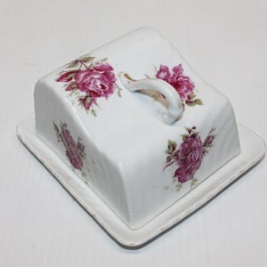 Vintage Porcelain Wedge Shape Butter White with Pink Roses