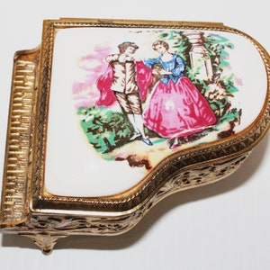 Vintage Ornate Brass & Ceramic Vanity Trinket Box Piano Shaped Courting Scene on White Raised Ceramic Lid Brass Filigree Jewellery Trinket