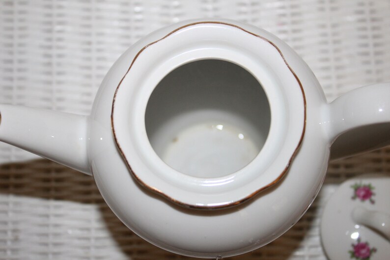6oz Cups White German Porcelain Teapot White with 2 Large Pink Roses and Random Small Roses Hold 4