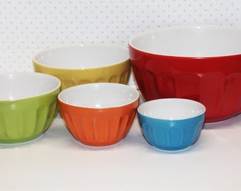 Ceramic Nesting Bowls,  Colored Mixing Bowls Set of 5, Red, Orange, Green, Blue, Yellow, Ribbed Pattern, Excellent Condition