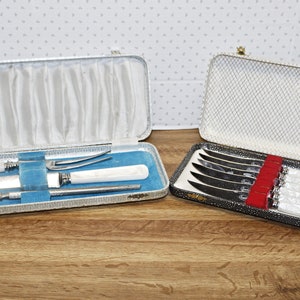 Vintage Sets of Sheffield England Carving Knife Set & Steak Knife Set, White Pearlized Handles Made in England