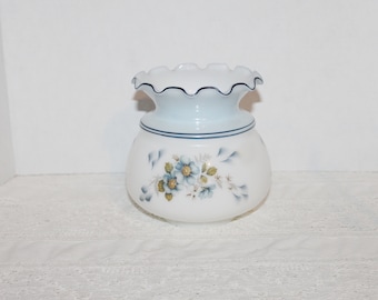 Vintage Gas Style Blue & White Glass Lampshade Fixture Ceiling Fixture Floral Blues Frilled Top Blue Trim