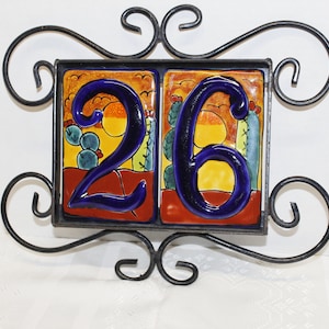Vintage Ceramic House Numbers Tiles in Black Scrolled Wrought Iron Frame Number "26" Made in Mexico