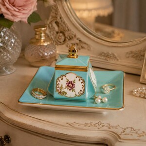 Rare Art Deco Hammersley Bone China Vanity Tray & Covered Jewelry Box, Turquoise and Gold, England c1930s"
