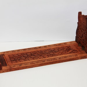 Vintage Expandable Sliding Teak Wood Book Rack, Book Ends, Floral Carved Book Storage Solid Wood Sliding Book Rack Made in India