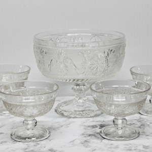 Vintage Glass Dessert Bowl w/4 Dessert Footed Cups,  Etched Beaded and Flower Design, Cups for Dessert, Pudding, Ice Cream, Sherbet