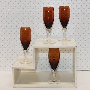 Vintage Dark Amber Cordial Liqueur Glasses, Twisted Clear Stems, Set of 4, Rare Find, VGC