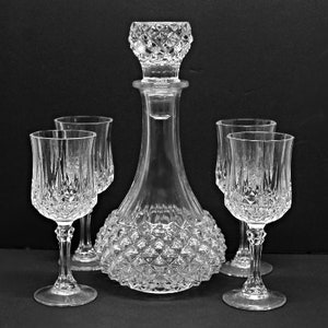 Vintage Lead Crystal Wine Decanter with Set of 4 Cristal D Arques Wine Glasses Longchamp 24% Lead Crystal Made in France