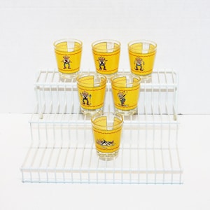 Vintage Shot Glasses Set of 6 Yellow & Clear with Mexican Characters Motif for Tequila Shots 1- 1/2 Oz Each.