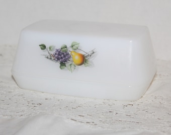 Vintage Arcopal large Butter Dish White Milk opaque Glass Fruit Pattern with Pears & Grapes