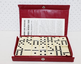 Vintage Set of Boxed Domino's by Cardinal Red Vinyl Box Cream Crystalline 27 Pieces with Instructions