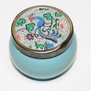 Vintage Avon Bird of Paradise Glass Turquoise Blue Jar, 5 oz (Empty) Cream Robin Egg Blue Jar c1950's, Original Decorated Lid image 2