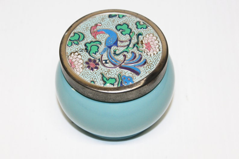 Vintage Avon Bird of Paradise Glass Turquoise Blue Jar, 5 oz (Empty) Cream Robin Egg Blue Jar c1950's, Original Decorated Lid image 2