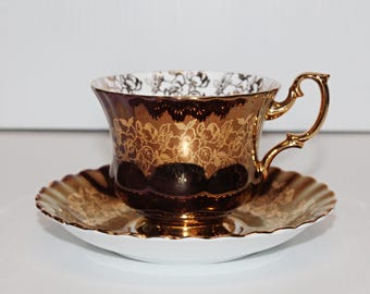 Vintage Royal Albert Teacup & Saucer in Bronze and Gold Floral pattern No. 4253, rare Piece.