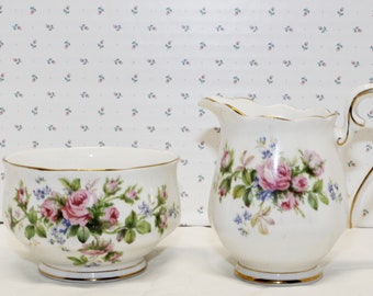 Vintage Royal Albert Moss Rose Cream and Sugar Container Pink Roses Very Good Condition
