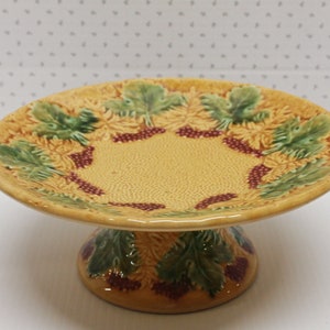 Vintage German Hand Painted Ceramic Pedestal Cake Stand or Pie Stand, Gold with Raised Green Leaves & Wine Berries Very Nice, 9 1/2&quot;