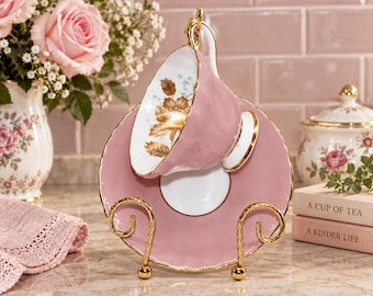 Vintage Aynsley Pink Teacup & Saucer, Gold Floral Interior, English Bone China Tea Cup, Gold Trim, Collectible Aynsley