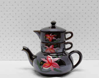 Vintage Brown Betty Stacking Teapot, Shafford Japan, Handpainted Pink Floral