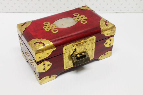 Vintage Chinese Wood & Brass Jewellery Box With Brass Lock AND KEY