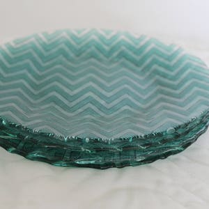 Set of 4 Green Glass Vintage Side or Salad Plates Zig Zag Pattern Slightly Scalloped Edge 8&quot; Across