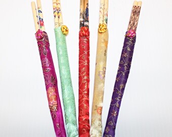 Vintage Asian Decorative Chopsticks Set – 5 Matching Pairs with Brocade Silk Sleeves – Floral & Scenic Designs