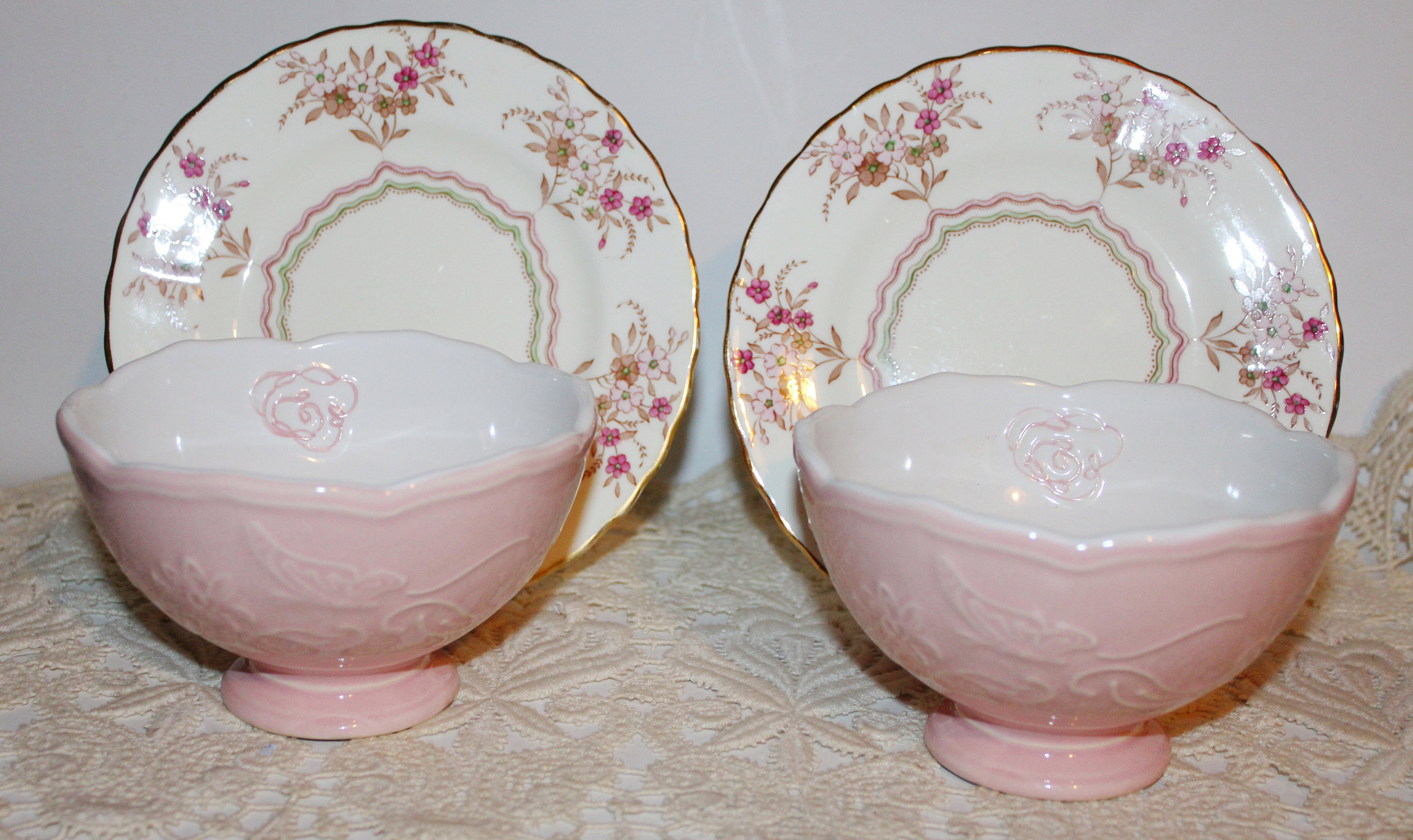 Pair of Pink & White Ceramic Cereal/Serving Bowls Raised Etsy