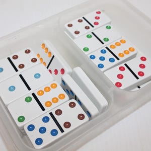 Lot de 6 doubles dominos géants vintage à pois colorés, boîtier en plastique, 6 cm x 3 cm, 27 carreaux