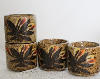 Vintage Set of 4 Stoneware Teacups, Japan Sipping Tea Cups, Sake Cups, Hot Toddy, Browns, Tans, Orange Colors Holds 1/2 Cup