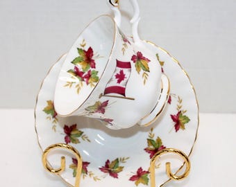 Vintage Royal Albert Bone China Teacup and Saucer, From Sea to Sea. Canada Flag & Maple Leaves