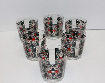 Cocktail Glasses, Set of 6, Playing Cards Motif, 6 1/2oz, Stained Glass Pattern, Whiskey Glasses