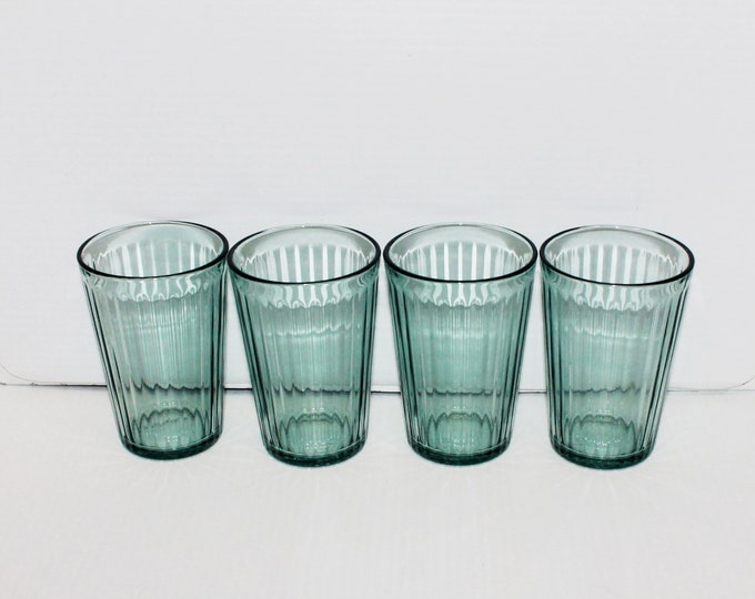 Ikea Green Glass Tumblers Set of 4 Ribbed Drinking Glasses, Excellent