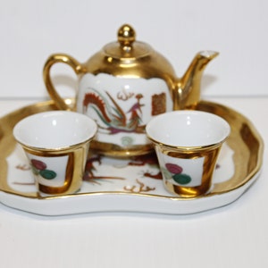 Vintage Ceramic Miniature Tea Set Asian Motif, Gold and White with Red Pattern and Dragon, 5 Piece Set with Tray, Teapot, Cups
