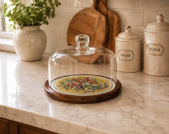 Vintage Cheese Dome with Wood Base and Glass top, Ceramic Insert, Glass Cheese Server, Domed Cheese Board