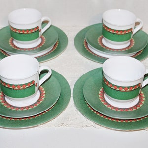Vintage Arcopal France Cups & Saucers and Sideplates Green with Pink Diamond Border Milkglass 12 Piece Set French Tableware