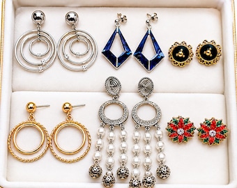Vintage Costume Jewelry Earrings Lot of 6 Pairs | Mixed Dangle & Stud Earrings | Retro Silver Tone Gold Tone Blue Statement Earrings |