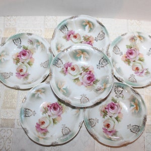 Vintage Bavaria Porcelain Lusterware Iridescent Fruit Bowls Lot of 6 with 2 Large Pink Roses, Golds & Pastel Greens Dessert Bowls
