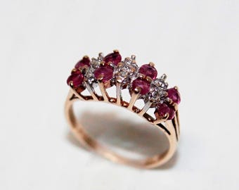 Vintage 10K Solid Yellow Gold Ruby & Diamond Ring | Double Row Pave and Prong Set | 6 Natural Rubies and 6 Diamonds | Size 5 | 2.31 Grams
