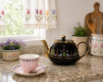 Vintage English Black Teapot with Hand-Painted Enamel Floral Decoration, Gold Trim, c.1940s–1950s