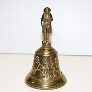 Vintage Solid Brass Bell, Embossed Figures, Brass Clapper, Collectible Bell 5&quot; Very Well Made