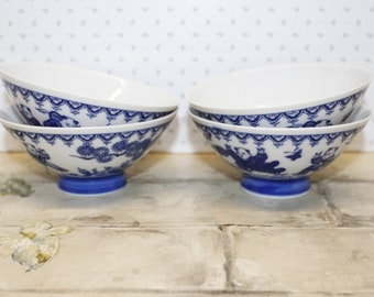Vintage Asian Fine Porcelain Rice Bowls, set of 4, Blue and White Asian Themed Blue Rice Bowls