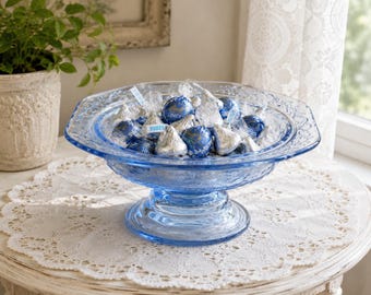 Vintage Federal Glass Blue Madrid Footed Compote Candy Dish | Depression Glass Pedestal Bowl | 7" Square Serving Dish | Cottage  Decor.