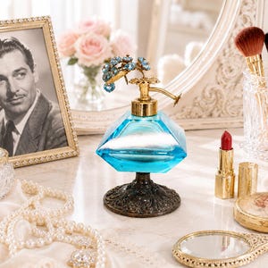 Vintage Irice Sapphire Blue Glass Perfume Atomizer West Germany Jeweled Floral Top Hollywood Regency Vanity Decor