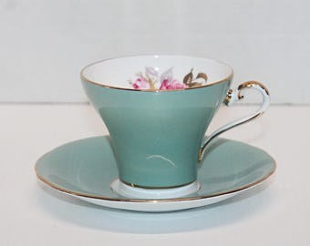 Vintage Aynsley Green Corset Teacup and Saucer with Pink Roses