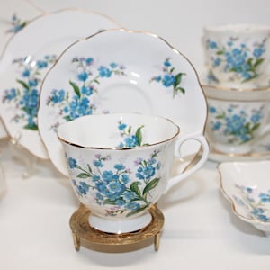 Vintage Royal Albert Forget Me Not Teacups & Saucers, Sugar Bowl, Plates, Candy Dish, Lot of 10 Pieces.