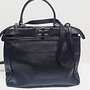 Vintage Vera Pelle Black Leather Tote Handbag, Made in Italy, Top Handle & Cross Body Strap, Excellent Condition, Medium Size