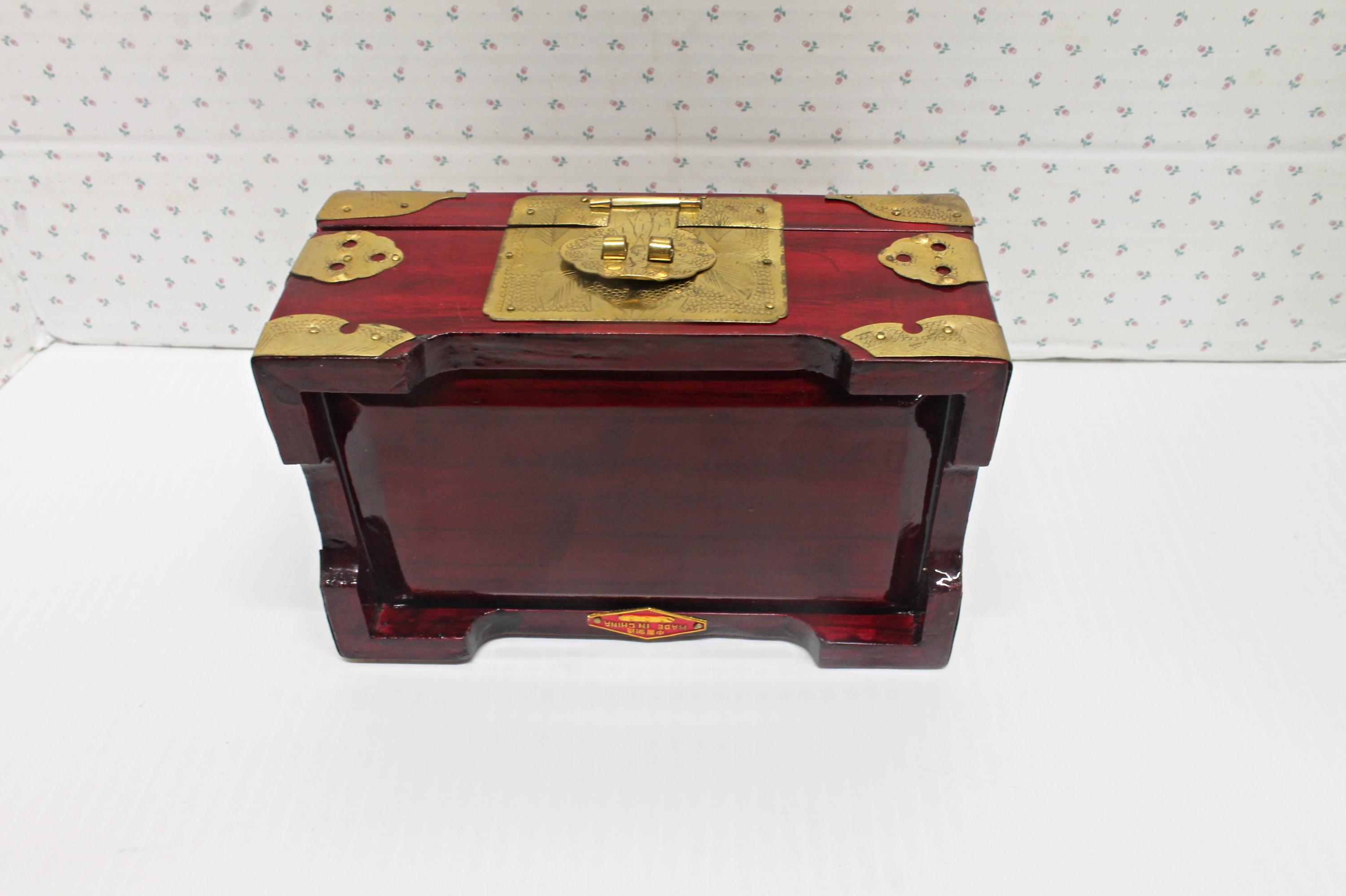 Vintage Chinese Wood & Brass Jewellery Box With Brass Lock